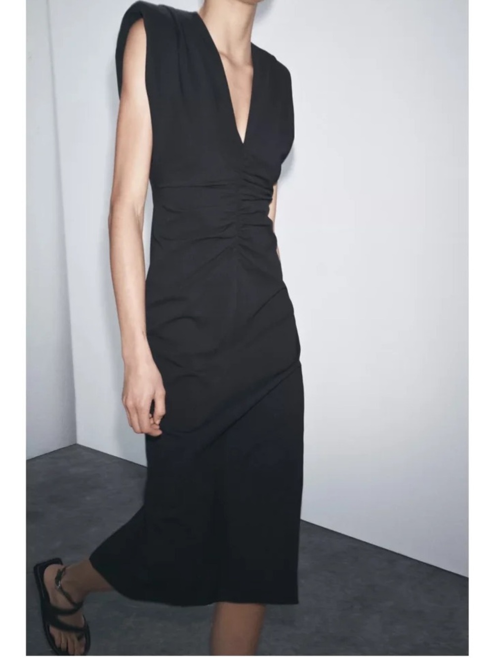 ZARA ZW Collection Ruched Black Midi Dress w/ Shoulder Pads - XS
